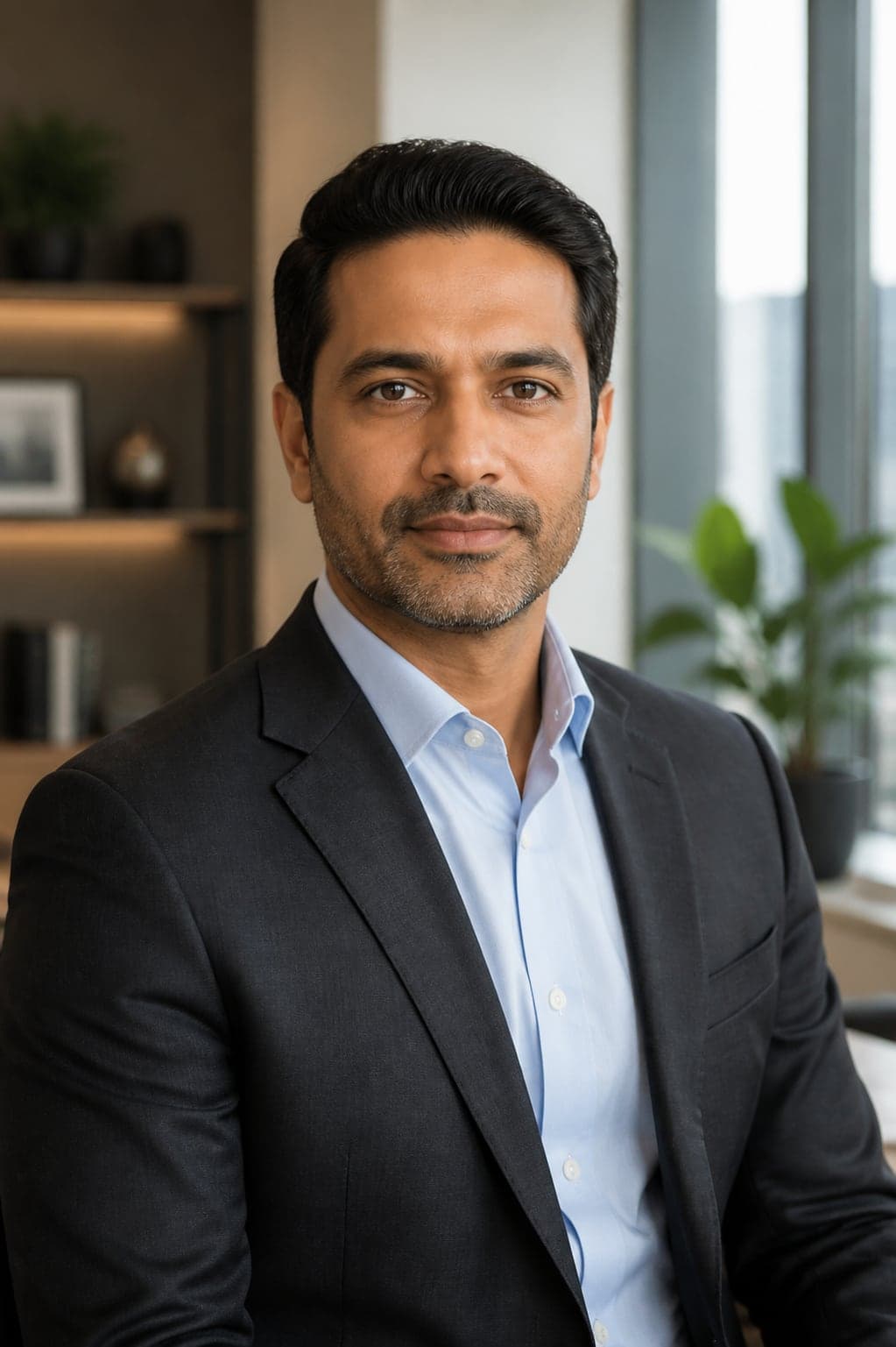 Professional man in a dark blazer photographed for a LinkedIn profile