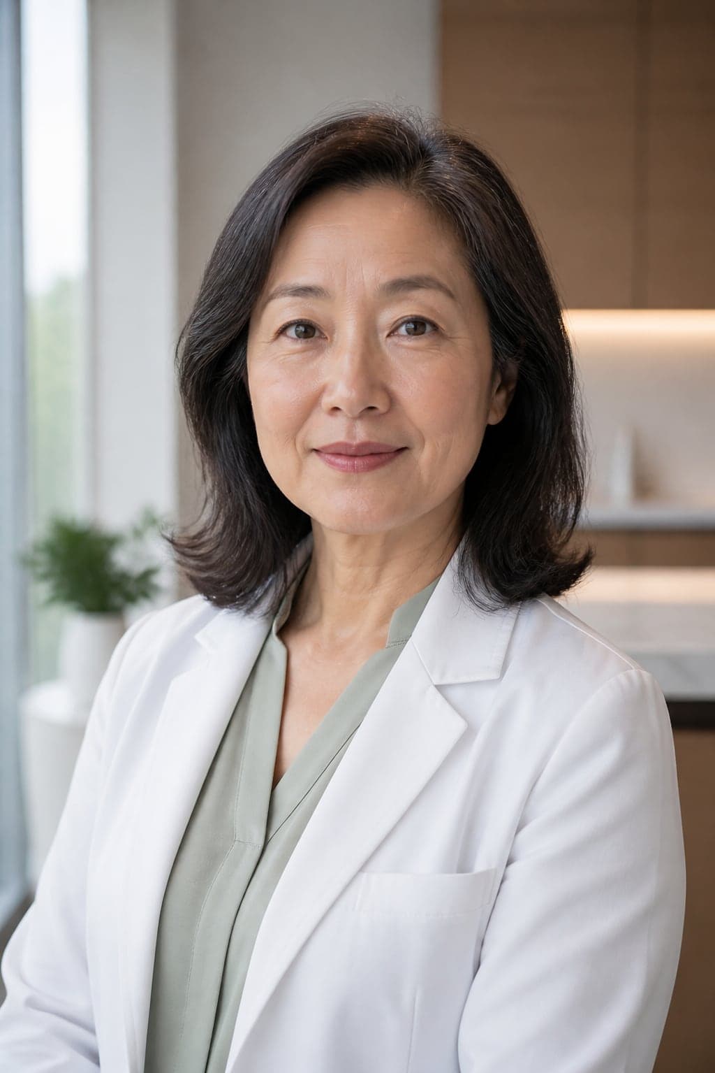 Healthcare professional photographed with calm expression and bright clinical light