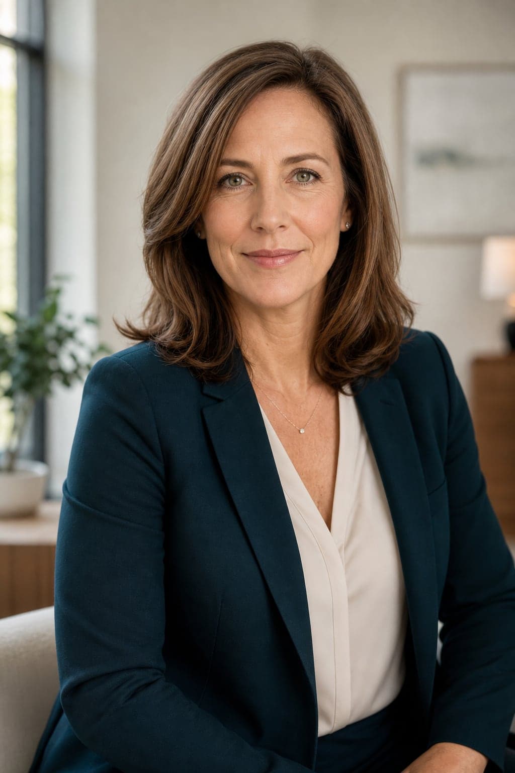 Real estate professional with an approachable expression and premium interior background